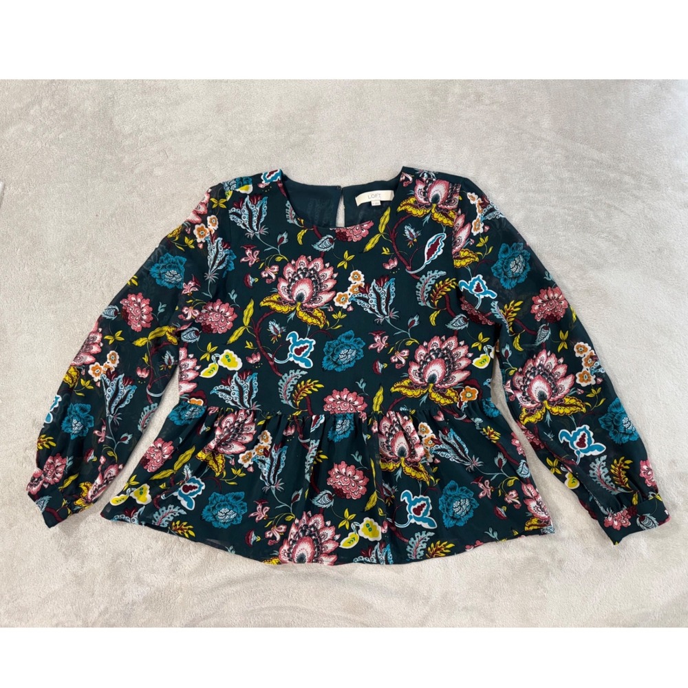 Ann Taylor LOFT Floral Peplum Top Long Sleeve Teal Multi Color Blouse Medium